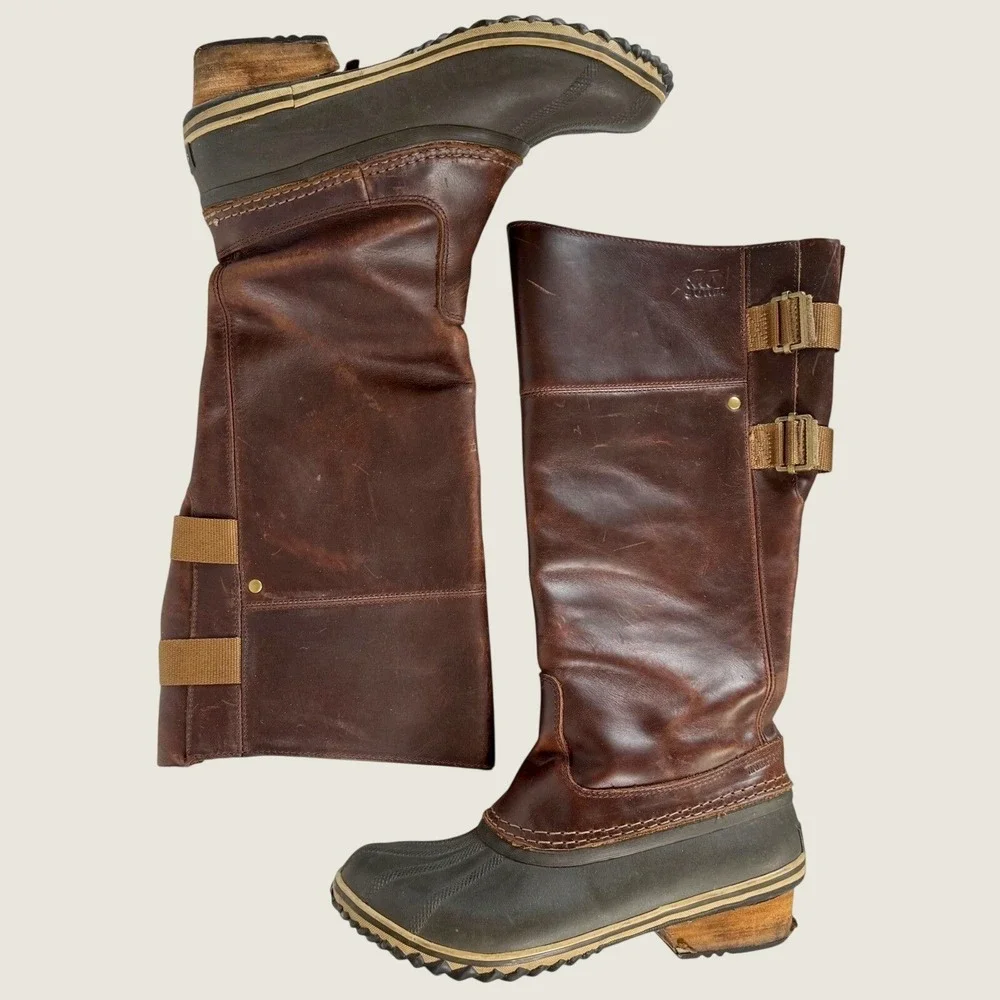 Sorel Slimpack NL2321 Tall Waterproof Duck Boots Brown Leather Riding Womens 8.5